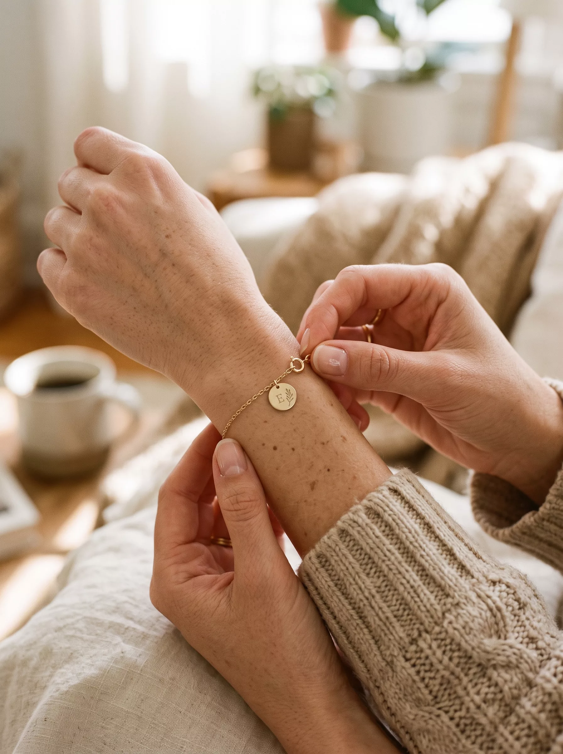Hands fastening a fine gold medallion bracelet at the wrist