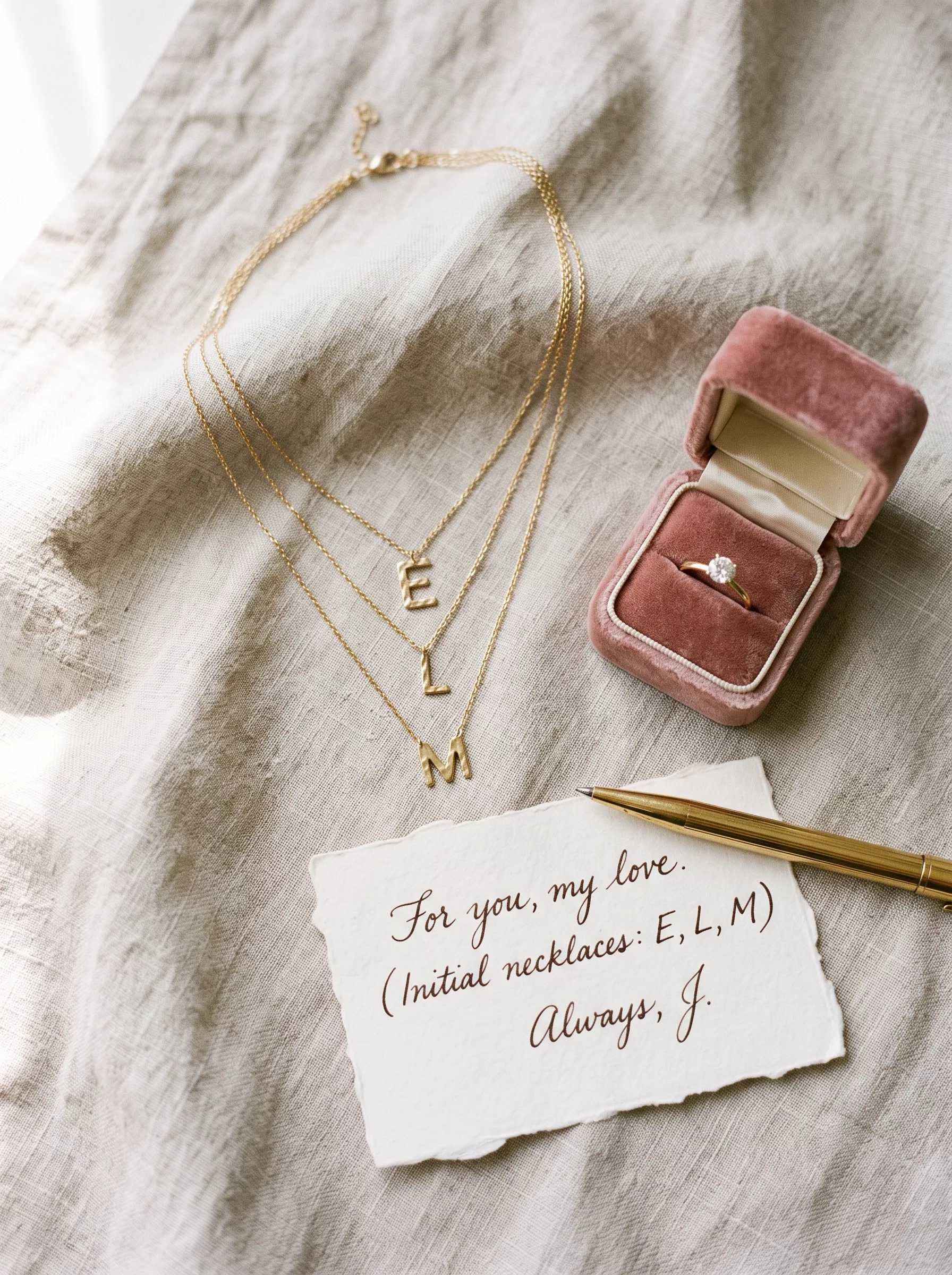 Three gold initial necklaces beside a velvet ring box and a handwritten card on linen