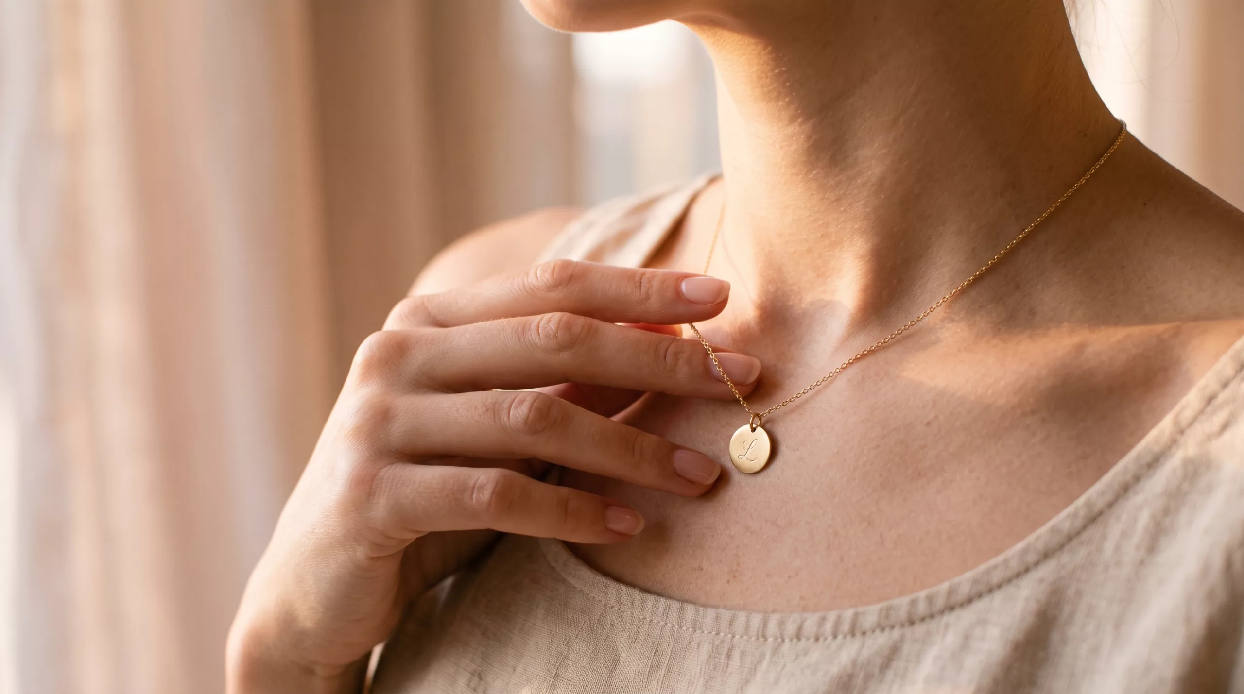 Woman in soft window light touching a fine gold medallion necklace