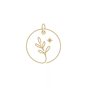 Gold line drawing of a round charm with a leaf sprig