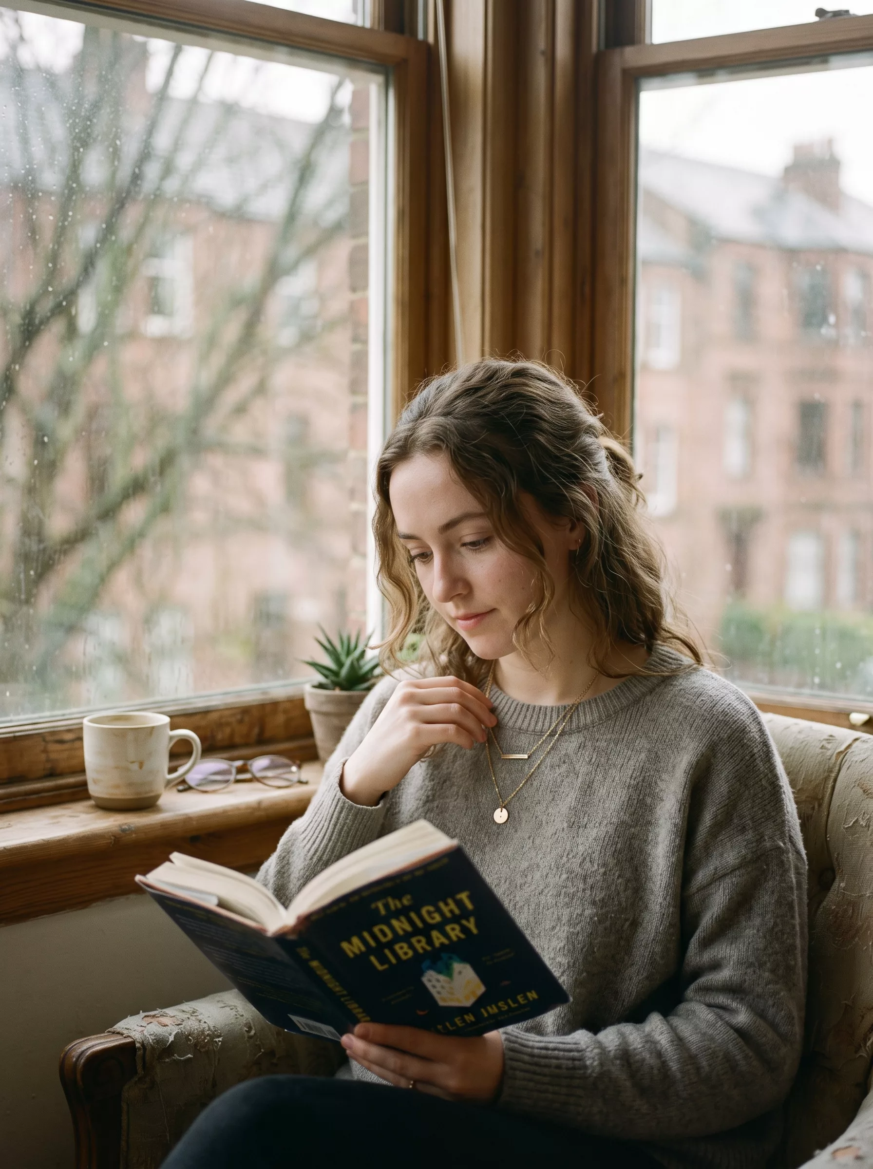 Woman reading a book by the window wearing layered gold necklaces