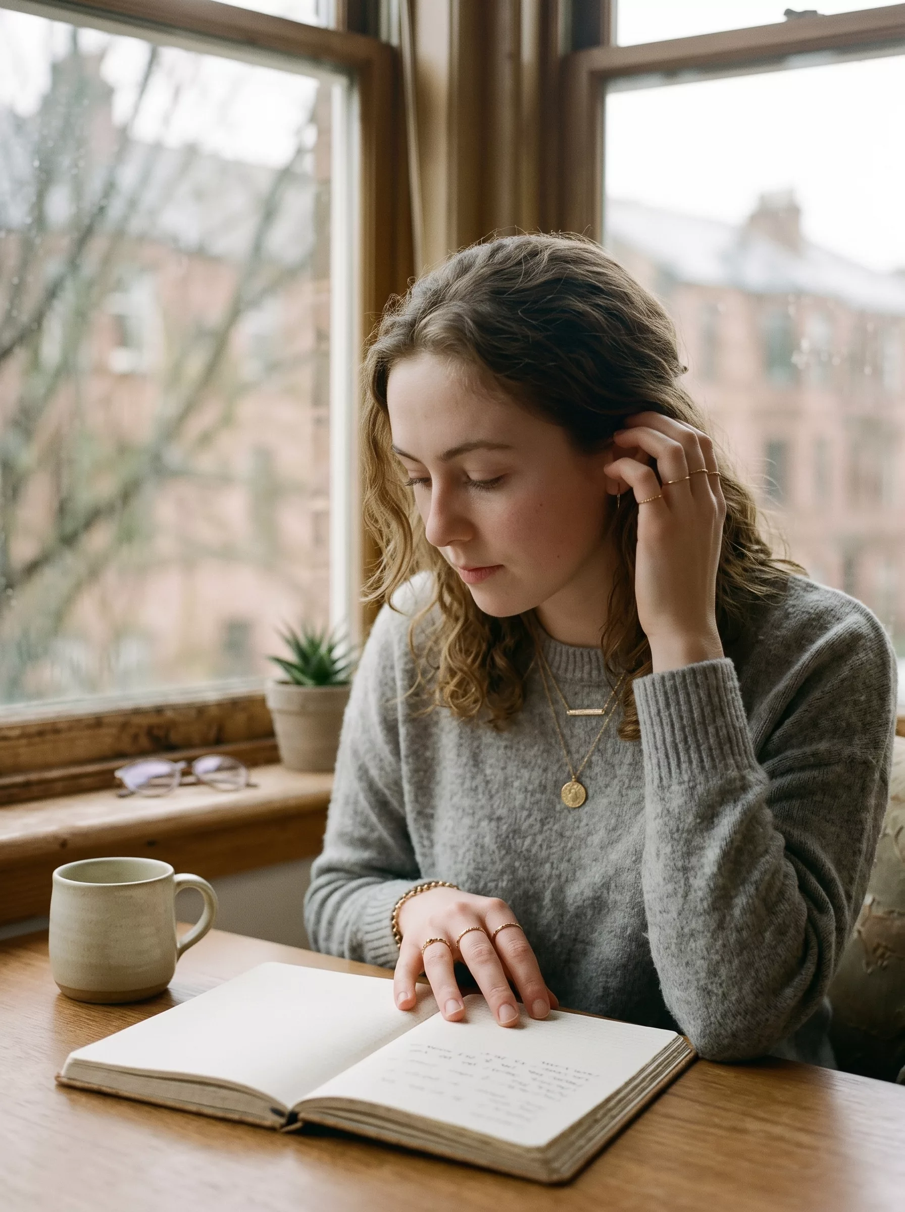 Woman writing in a journal, wearing gold rings and a medallion necklace