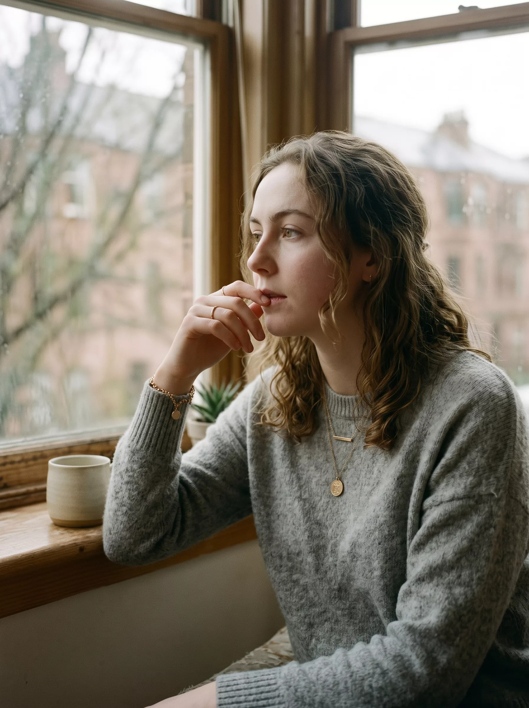 Woman gazing out of the window wearing a gold bracelet and pendant