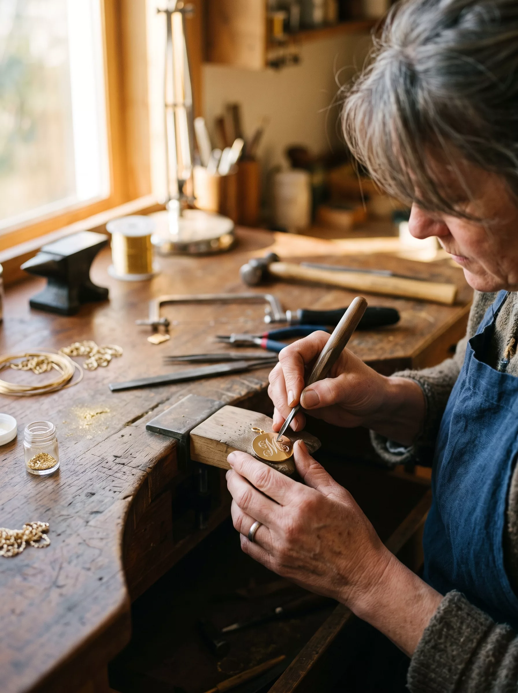 Jeweller engraving a gold disc at a wooden workbench surrounded by tools